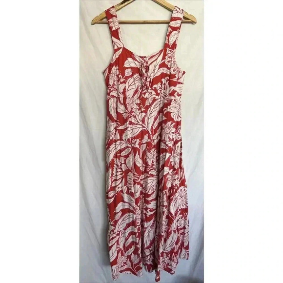 Red Floral Linen Blend Lace Up Dress Flower Maxi Pockets Who What Wear Size S - Picture 2 of 13